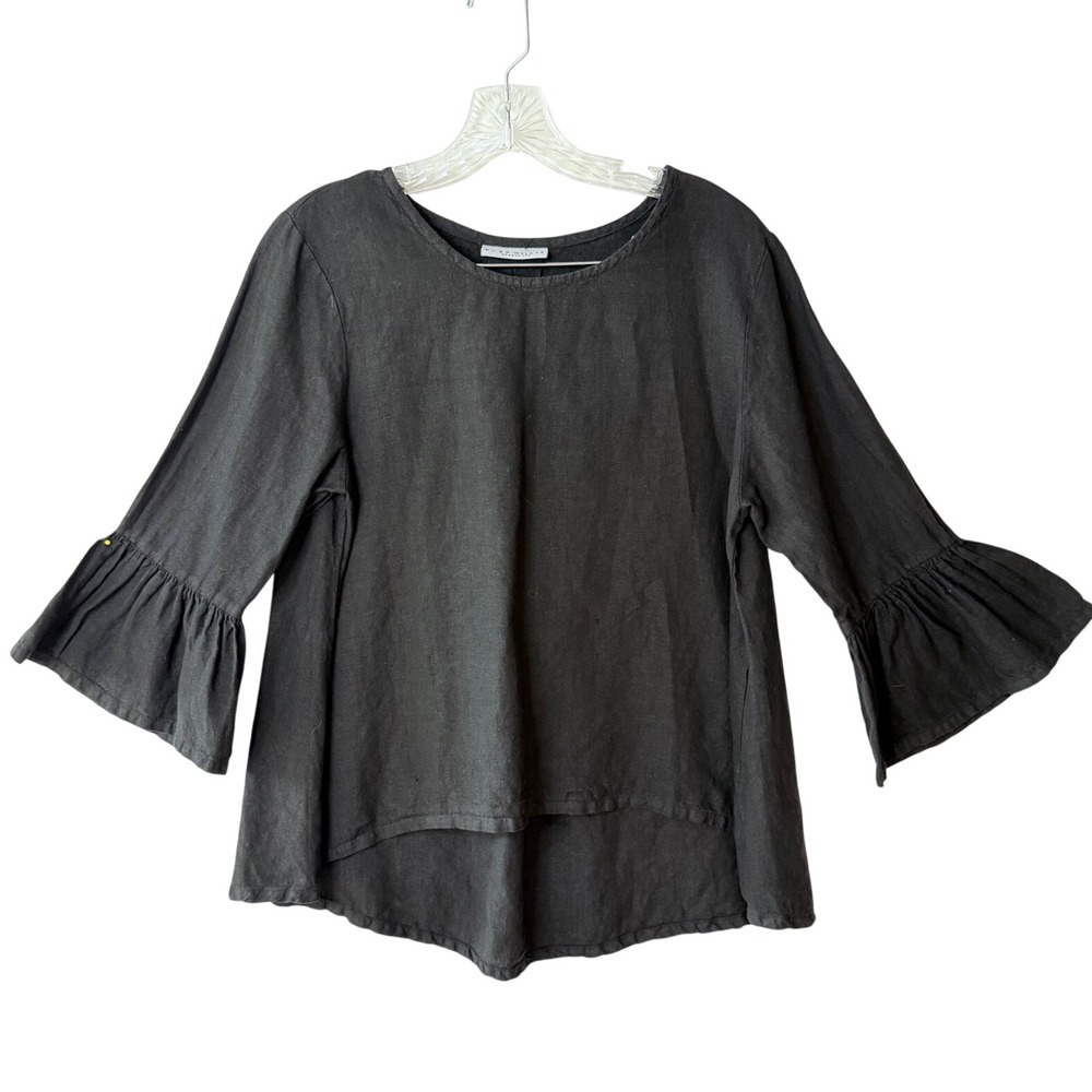 BRYN WALKER‎ Black Linen Boho Oversized Lagenlook Bell Sleeve High Low Blouse XS